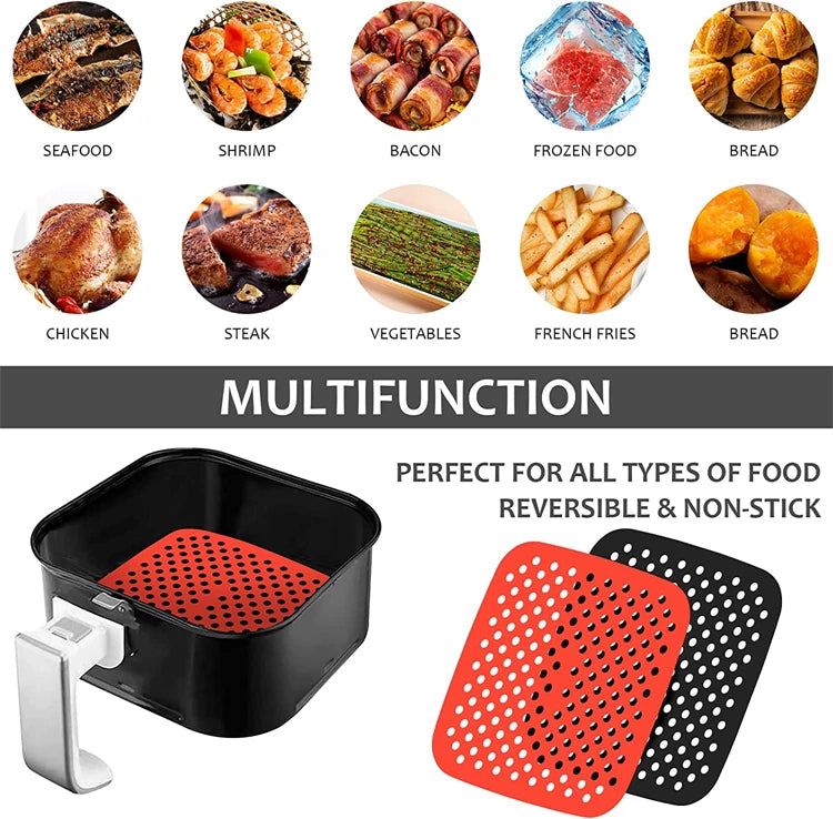 3 Piece Reusable Silicone Air Fryer Liners – 8.5 Inch Square Non-Stick Air Fryer Mats – Perfect for Air Frying & Steaming