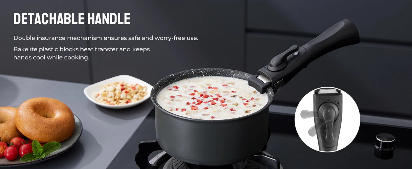 Non-Stick Saucepan Set with Detachable Handle & Fridge-Safe Sealing Lids – Durable PFOA-Free Black Aluminium Cookware for Soup, Sauces, Curries, Boiling, Simmering, Frying & Daily Cooking, Oven Use & Compact Storage