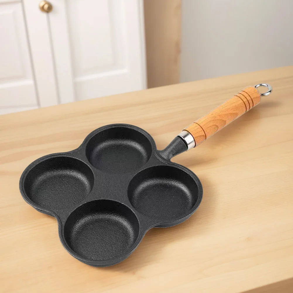 4 Hole Egg Pan with Wooden Handle – Non-Stick Cast Iron Breakfast Burger & Pancake Maker – Perfect for Eggs, Burgers & Pancakes