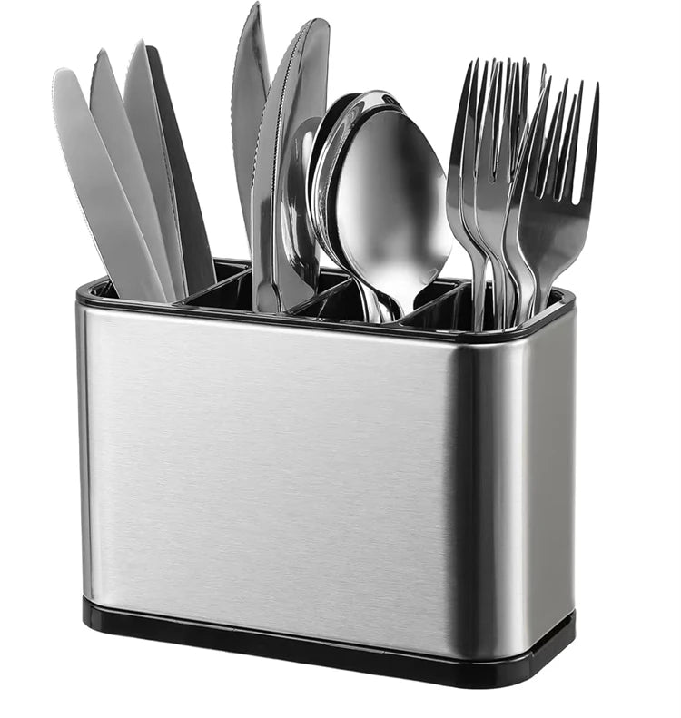 Stainless Steel Cutlery Caddy with 4 Compartments – Utensil Drying Rack & Flatware Holder – Great for Kitchen Worktops & Dining Tables