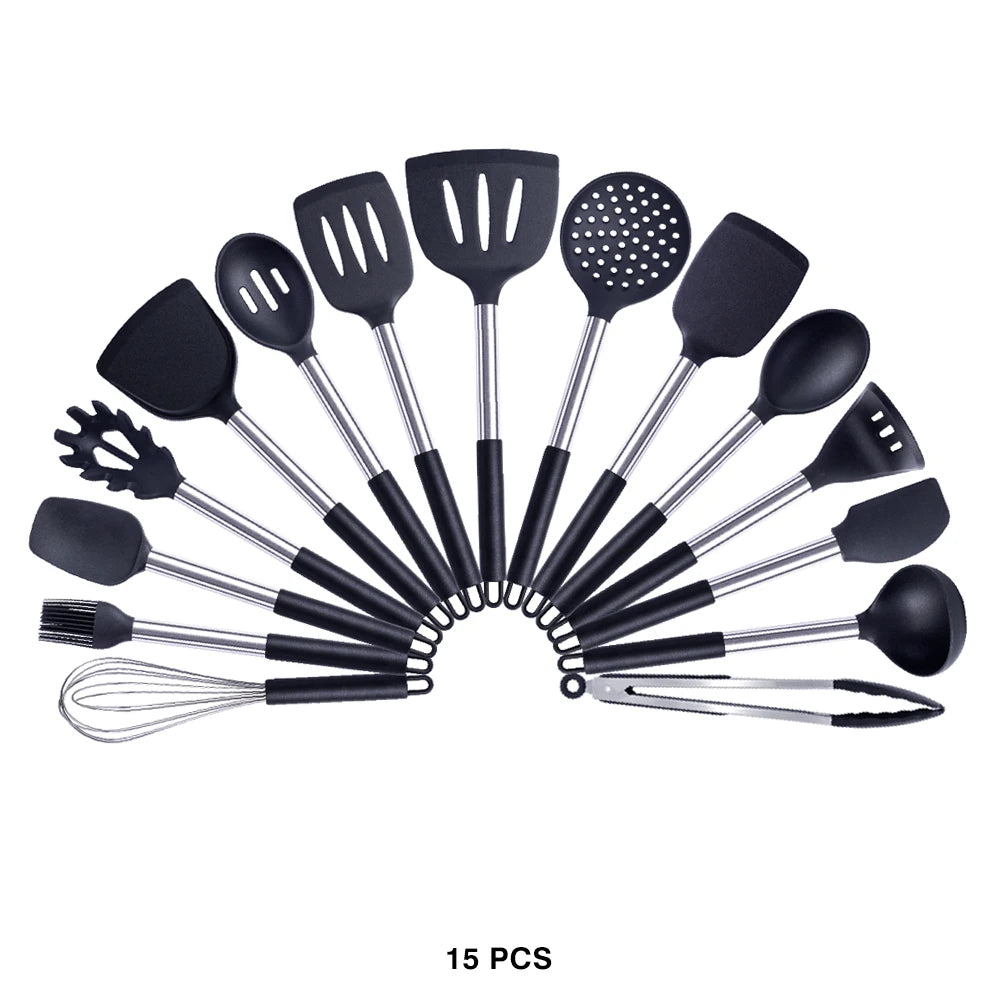 Silicone Kitchen Utensils Set with Stainless Steel Handles – Non-Stick Safe, Heat Resistant | Grey & Black | Available in 5 to 15-Piece Sets