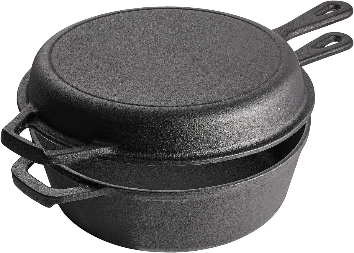 Cast Iron Multi Cooker Dutch Oven with Skillet Lid – 2-in-1 Pre-Seasoned Casserole – Best for Baking, Frying & Roasting on All Stoves
