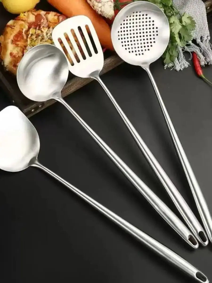 Stainless Steel Kitchen Utensils Set – Includes Slotted Turner, Ladle, Wok Spatula & Skimmer, Heat-Resistant for everyday cooking convenience