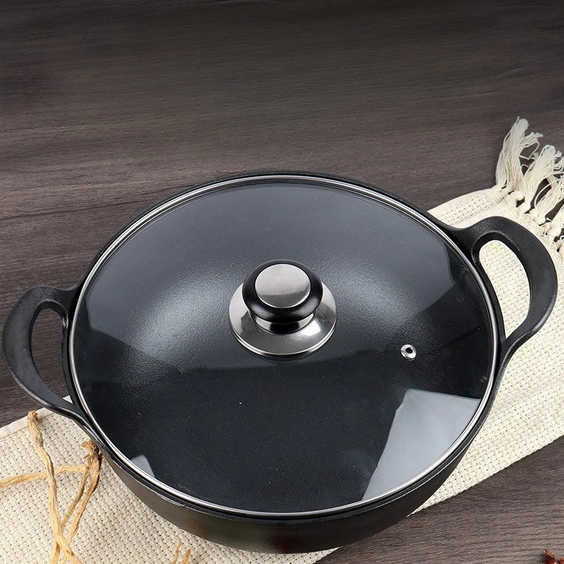 Pre-Seasoned Cast Iron Pan – Double-Handle Old-Fashioned Multifunctional Cooking Pot for Stews, Soups & Stir Fry (Available in 20cm, 25cm, 30cm with Lid Options: Wooden, Glass, or No Lid)