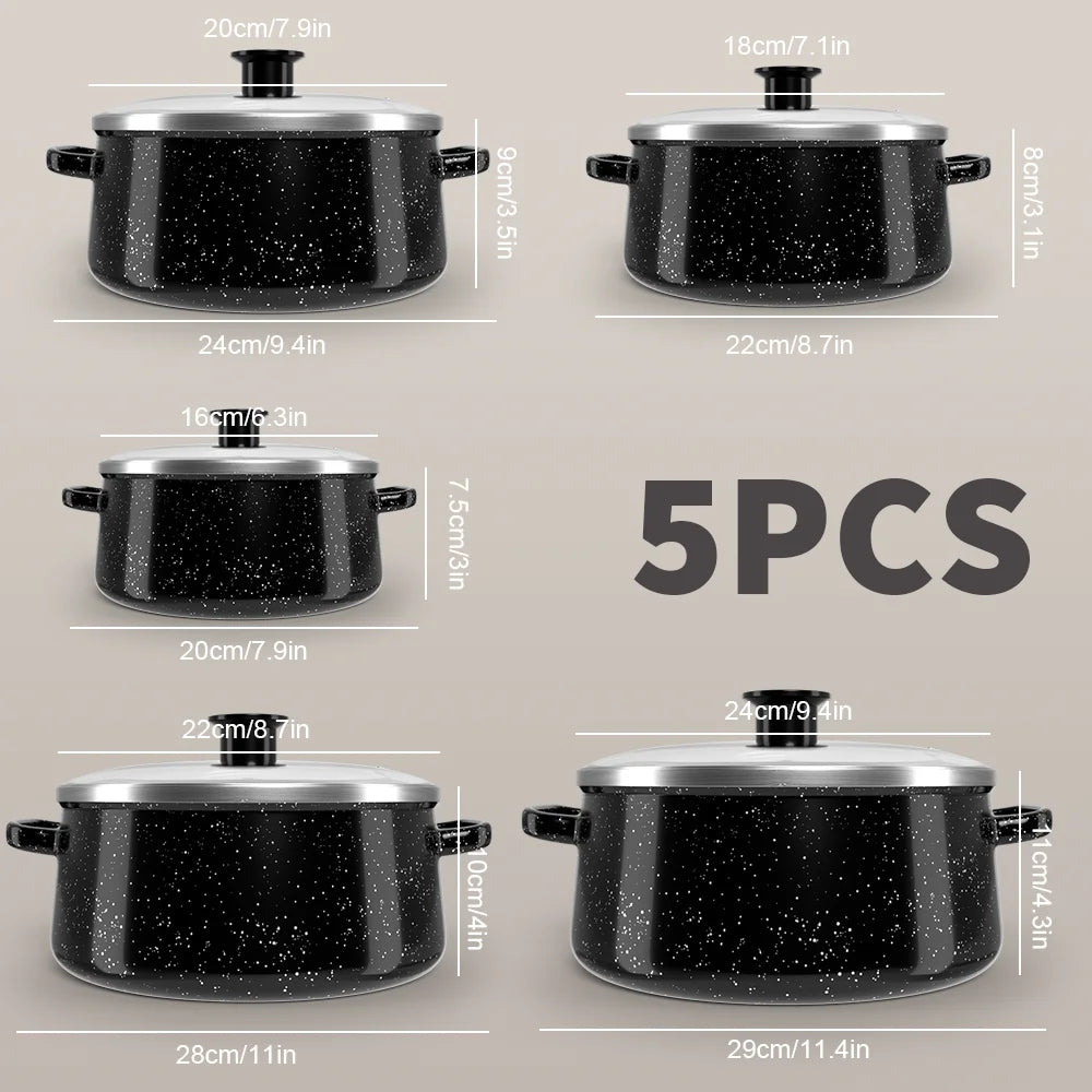 5 Piece Enamel Casserole Pot Set with Glass Lids – Stock Pots & Saucepans in 5 Sizes – Ideal for Stews, Soups & All Hobs