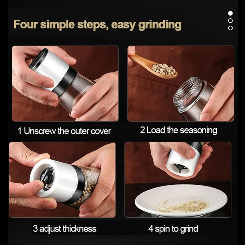 Adjustable Ceramic Salt & Pepper Grinder Set – Manual Glass Pepper Mill & Herb Grinder – Best for Sea Salt, Peppercorns & Dried Herbs