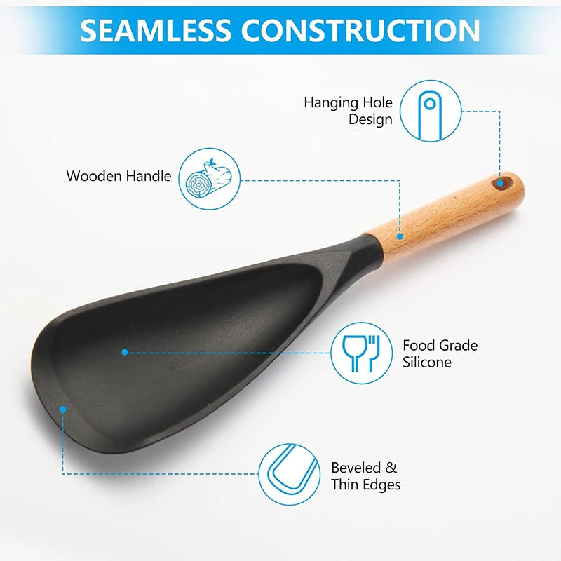 Silicone Cooking Spoon with Wooden Handle – Multi-Function Spatula Spoon for Nonstick Cookware – Great for Mixing, Stirring & Serving