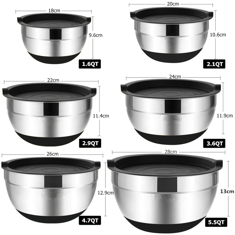 6 Piece Stainless Steel Mixing Bowl Set with Lids & Non-Slip Bases – Nesting Baking & Storage Bowls – Best for Baking, Salads & Food Prep