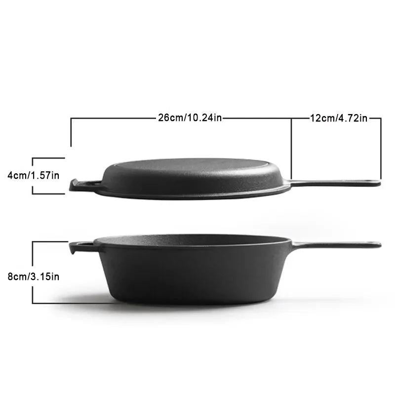Cast Iron Dutch Oven with Skillet Lid – Pre-Seasoned 2-in-1 Casserole Pot & Frying Pan – Ideal for Stews, Baking & Camping (26cm)