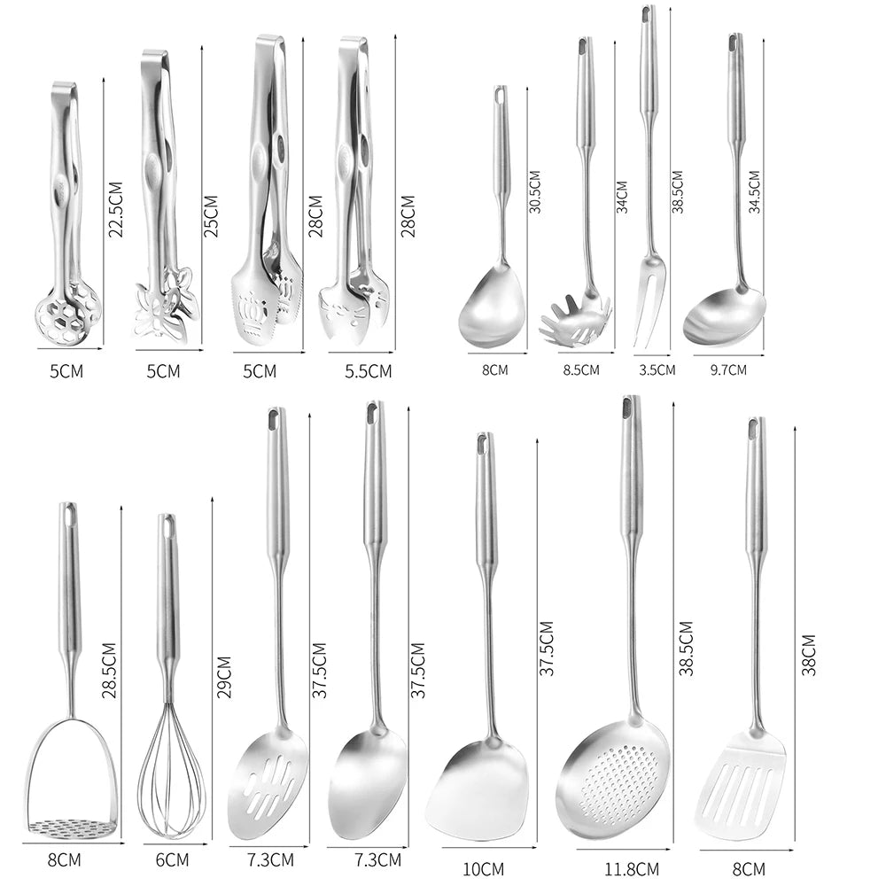 Stainless Steel Kitchen Utensils Set – Long 304 Stainless Steel Cooking Utensil Set, Includes Ladle, Whisk, Tongs, Spatula, Skimmer, Turner, Pasta Server & More, Heat-Resistant & Dishwasher Safe, Available in 3 Sizes