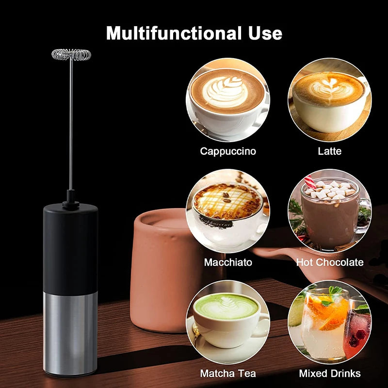 Mini Electric Milk Frother – Portable Handheld Foamer & Drink Mixer – Ideal for Cappuccino, Hot Chocolate & Whisking Eggs – Available in Black and Wood, Black and Silver, Black, Black and Copper & Silver Colours