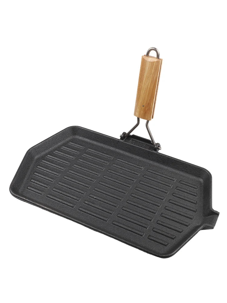 Square Cast Iron Grill Pan with Foldable Wooden Handle – Non-Stick Ridged Griddle Skillet for Indoor & Outdoor Grilling – Ideal for Steaks, Fajitas & Vegetables (21 x 35cm)