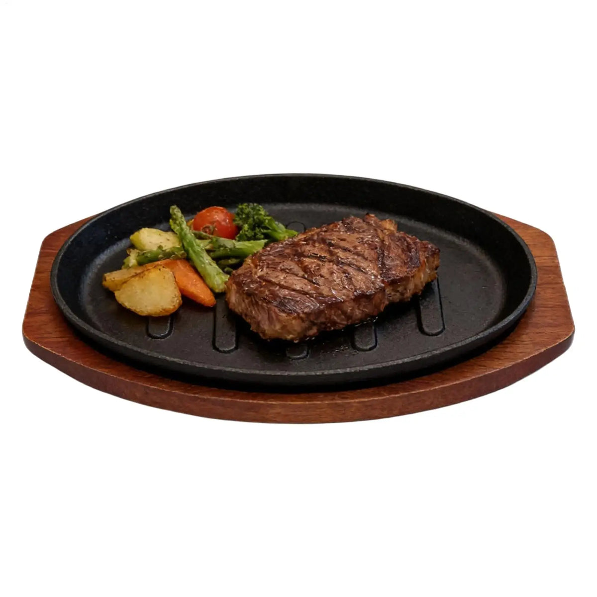 Cast Iron Sizzling Steak Plate with Wooden Base – Oval Sizzler Grill Plate & Serving Platter – Ideal for Steaks, Fajitas & Grilled Fish (10 Inch)