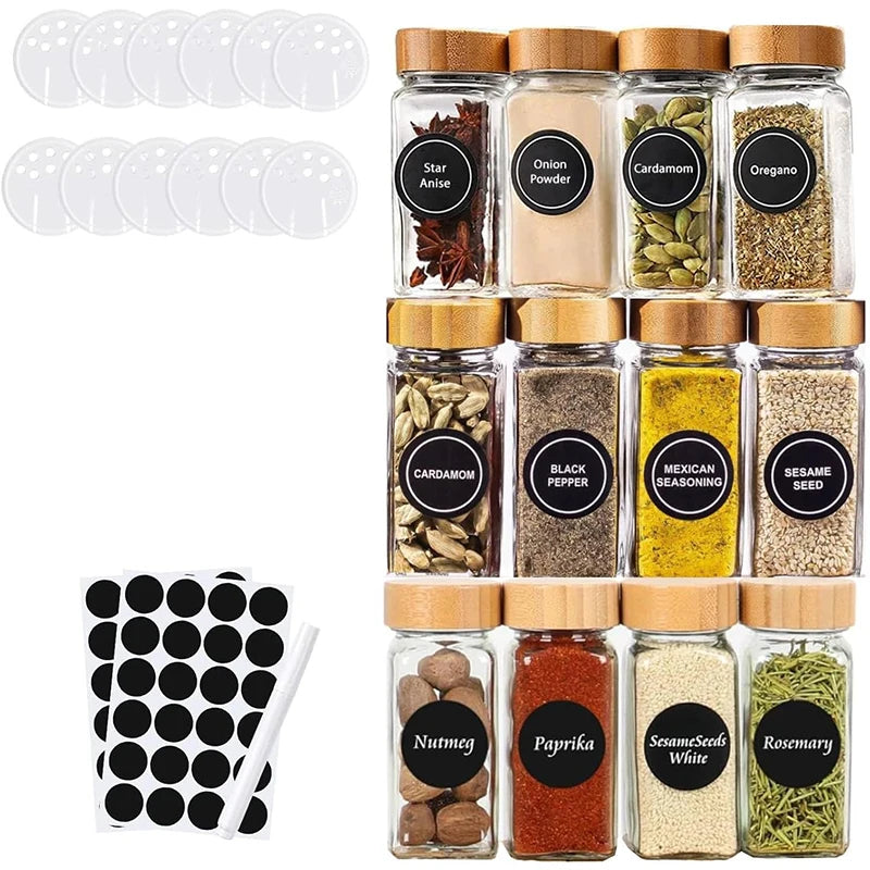12 Piece Square Glass Spice Jar Set with Labels – 4oz Seasoning Containers – Best for Salt, Herbs, Sugar & Spices