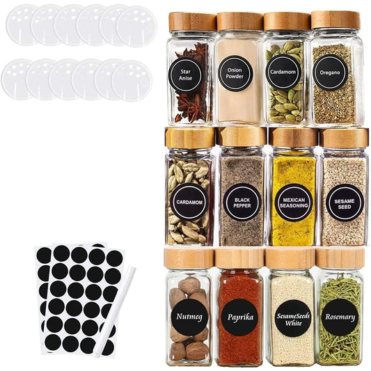 12 Piece Square Glass Spice Jar Set with Labels – 4oz Seasoning Containers – Best for Salt, Herbs, Sugar & Spices