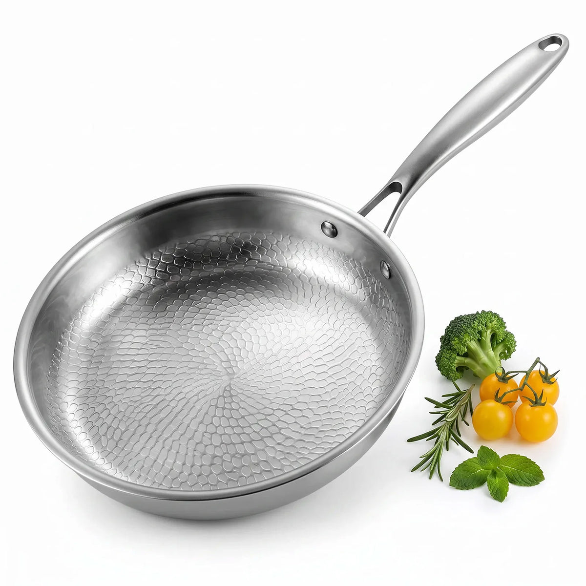 5-Ply Stainless Steel Frying Pan – Uncoated Hammered Skillet with Even Heating – Great for Steak, Fish & Eggs (24cm)