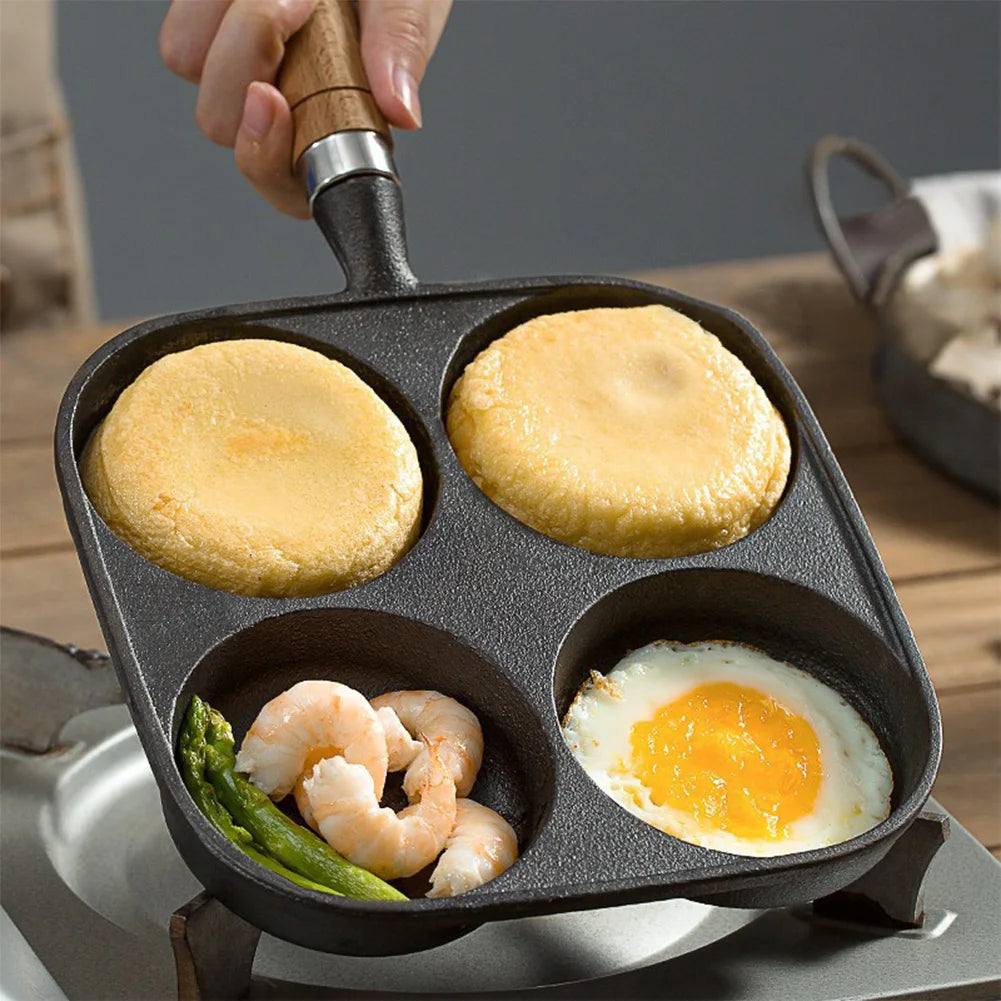 Pre-Seasoned 4-Hole Cast Iron Frying Pan – Non-Stick Breakfast Skillet with Wooden Handle for Eggs, Pancakes, Burgers & More (Gas & Induction Compatible)