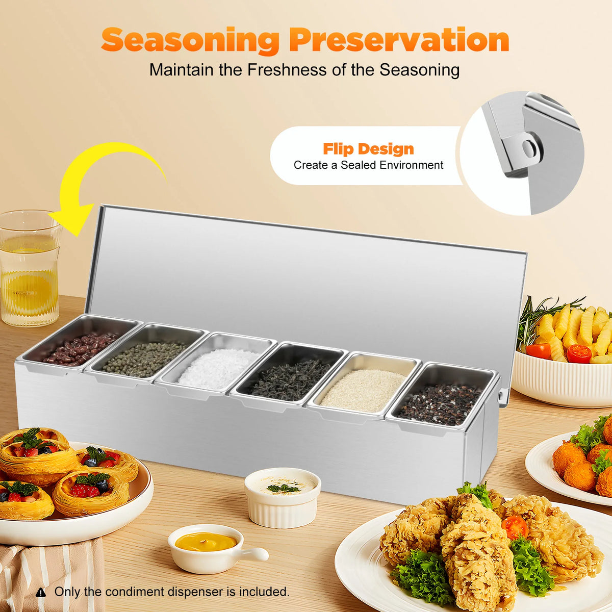 6 Compartment Stainless Steel Seasoning Box with Flip Lid – Sealed Condiment & Spice Container with Removable Trays – Perfect for Kitchens & Restaurants