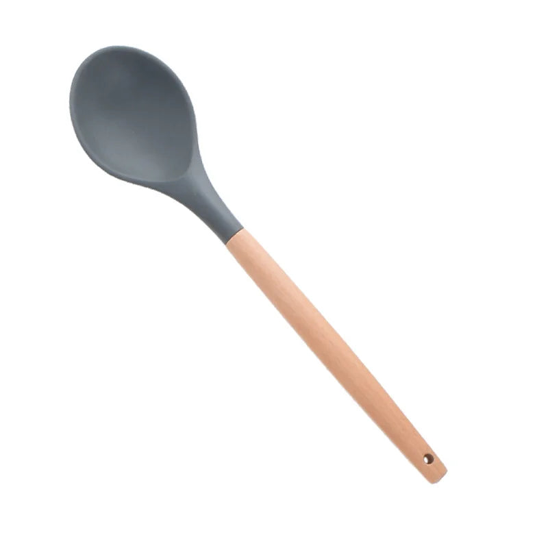 Heat Resistant Silicone Cooking Utensil with Wooden Handle – Up to 230°C Turner, Tongs, Spatula, Spoon, Brush & Whisk – Ideal for Nonstick Cookware Style 13