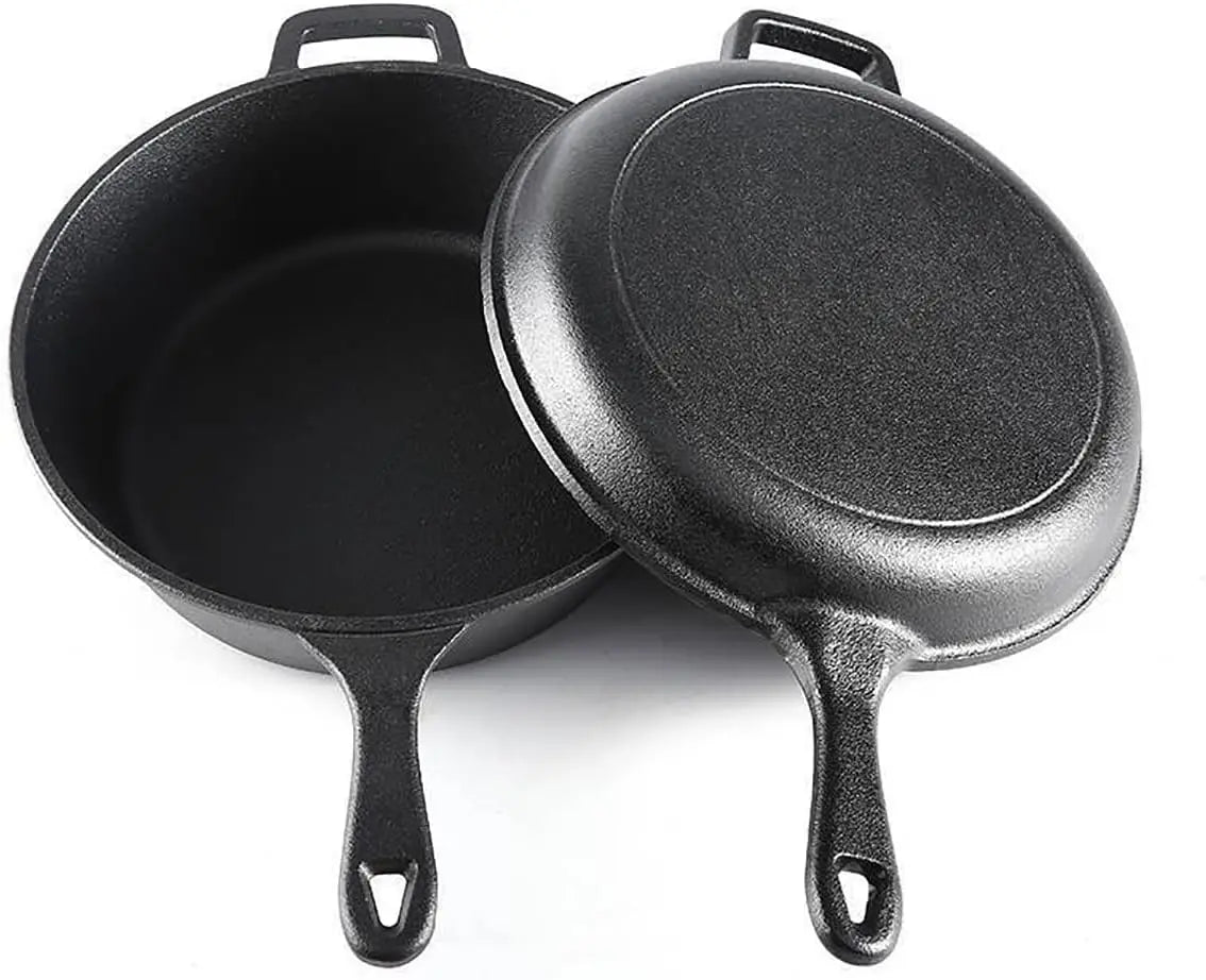 Cast Iron Casserole Pot with Frying Pan Lid – Pre-Seasoned 2-in-1 Dutch Oven Set with Ergonomic Handles – Best for Stews, Bread & Campfire Cooking