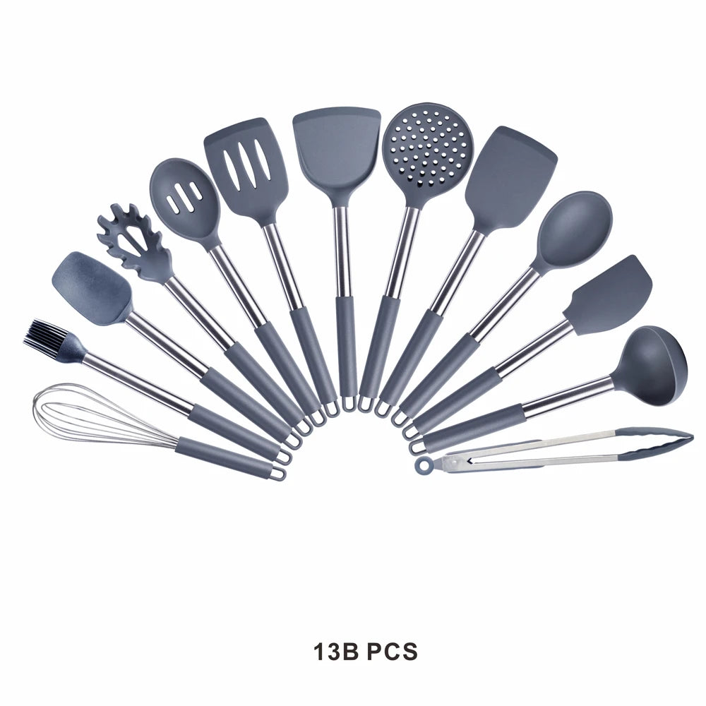 Silicone Kitchen Utensils Set with Stainless Steel Handles – Non-Stick Safe, Heat Resistant | Grey & Black | Available in 5 to 15-Piece Sets