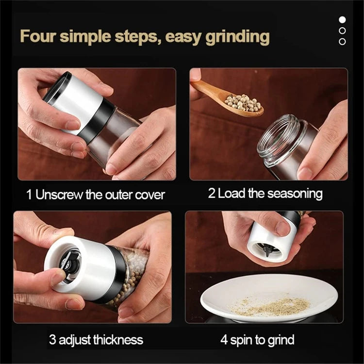 Adjustable Ceramic Salt & Pepper Grinder Set – Manual Glass Pepper Mill & Herb Grinder – Best for Sea Salt, Peppercorns & Dried Herbs