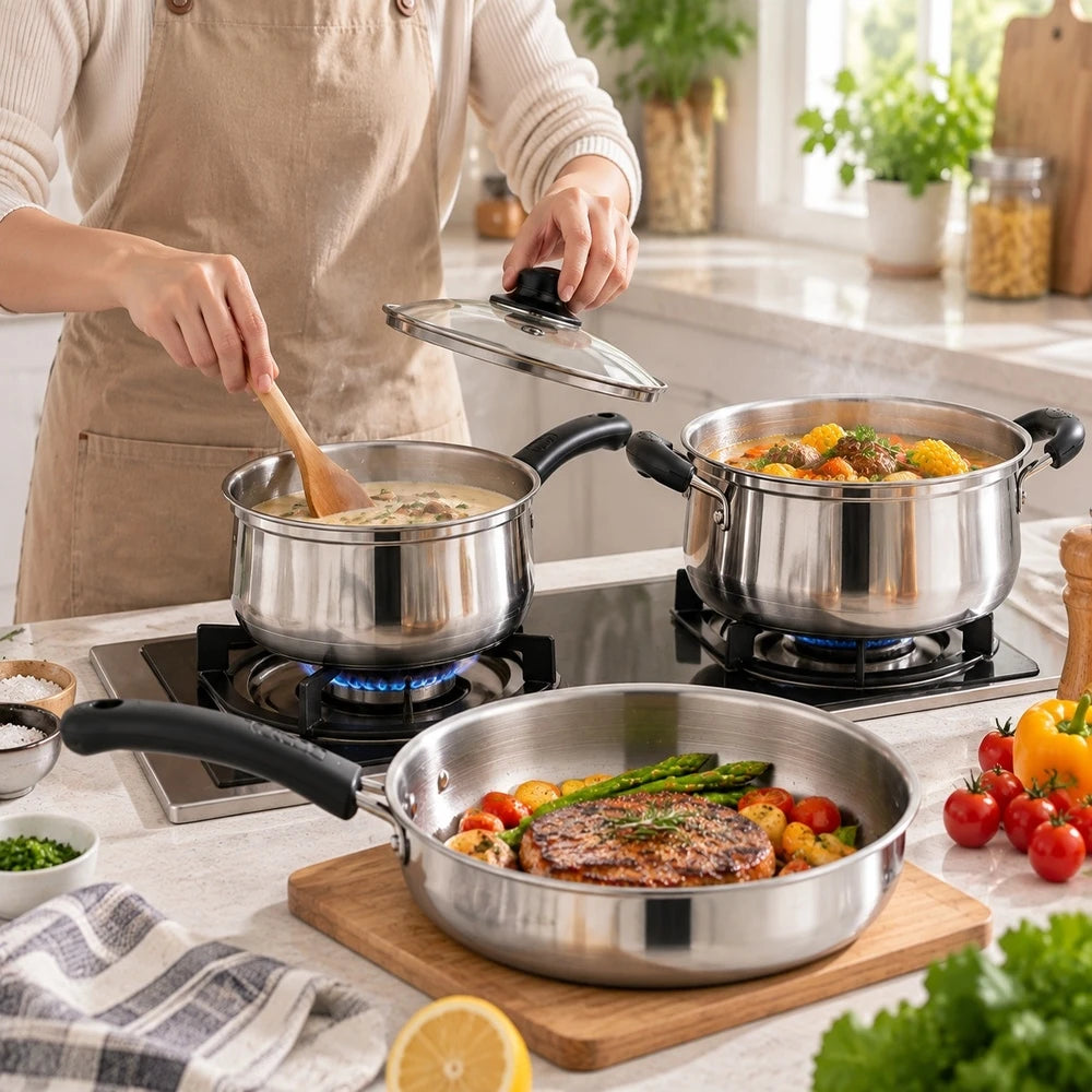 3 Piece Stainless Steel Cookware Set – Frying Pan, Saucepan & Stock Pot with Glass Lid – Ideal for Induction, Gas & Everyday Cooking (18cm)