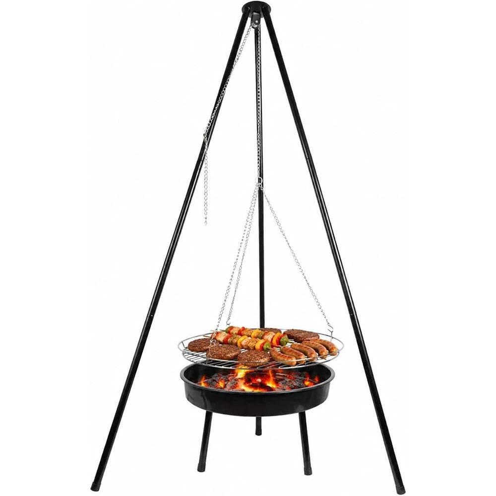 Campfire Tripod Grill with Barbecue Basin – Steel Camping Firepit Cooking Rack & Lantern Hanger – Best for Outdoor Cooking & Camping