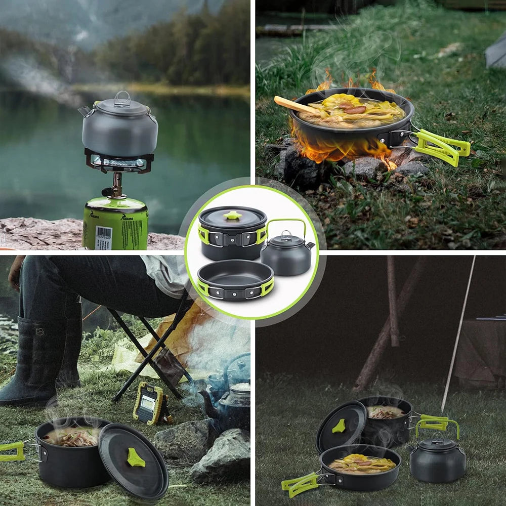 10 Piece Non-Stick Camping Cookware Kit – Aluminium Pot, Frying Pan & Kettle with Folding Handles – Great for Hiking, Picnics & Camping for 1–2 People
