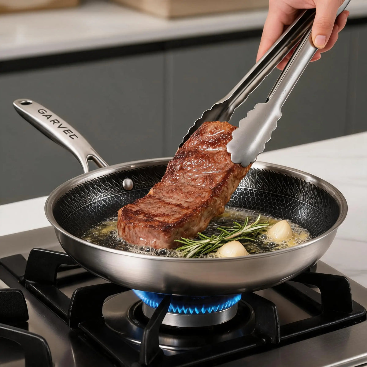 Honeycomb Tri-Ply Stainless Steel Non-Stick Frying Pan Set with Lids – 6 Piece Stackable Skillets 20cm, 25cm & 30cm – Great for Induction, Oven & Everyday Frying