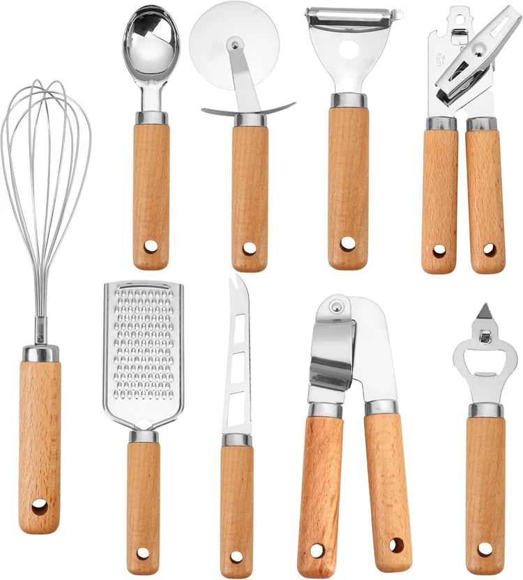 Stainless Steel Kitchen Gadget Set with Wooden Handle