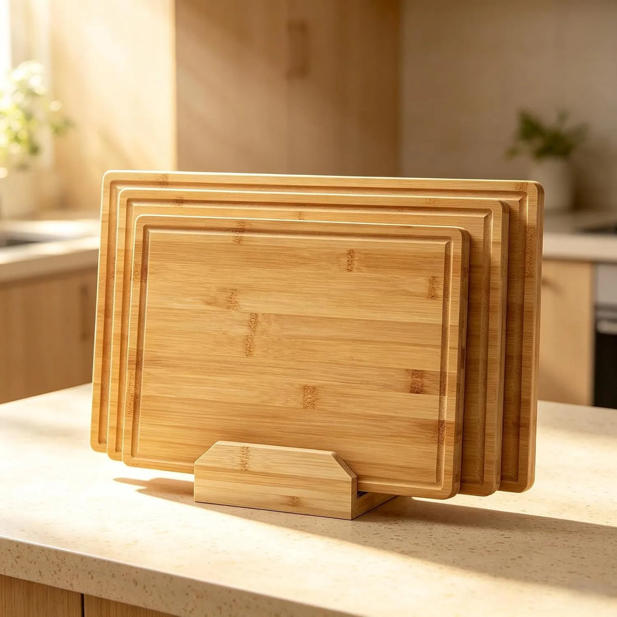 3 Piece Bamboo Chopping Board Set with Storage Stand – Wooden Boards with Handles & Juice Grooves – Best for Meat, Veg & Fruit