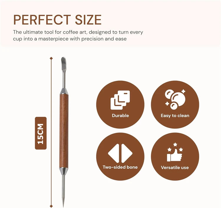 Stainless Steel Latte Art Pen with Wooden Handle – Coffee Decorating Needle – Perfect for Cappuccino Art, Hearts & Swirls
