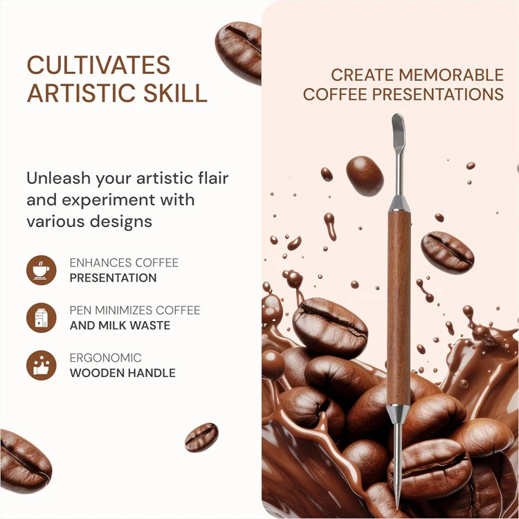 Stainless Steel Latte Art Pen with Wooden Handle – Coffee Decorating Needle – Perfect for Cappuccino Art, Hearts & Swirls