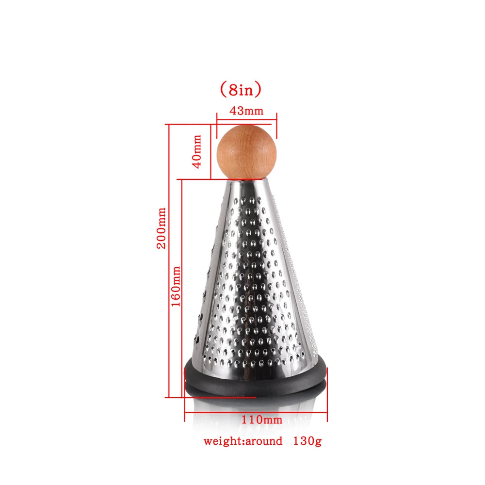 Modern Cone-Shaped Stainless Steel Grater & Zester with Wooden Handle – Conical Design with Non-Slip Rubber Base for Stability & Control – Available in 6-inch, 8-inch, 9-inch & 10-inch Sizes