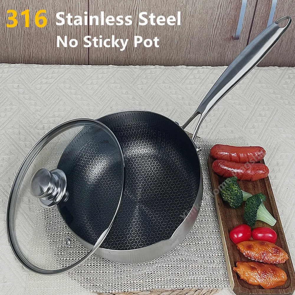 Honeycomb Stainless Steel Saucepan with Lid – 316 Non-Stick Multipurpose Cooking Pot for Sauces, Frying, Searing, and Daily Meals – Flat Bottom for Gas & Induction – Available in 18cm, 20cm, 22cm, 24cm