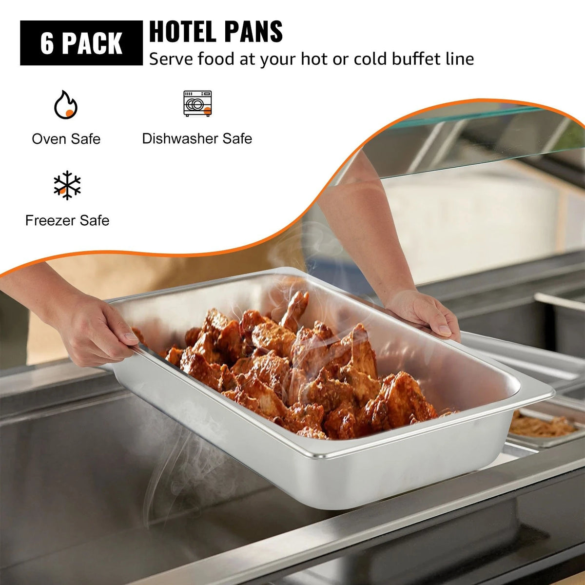 6 Pack Full Size Stainless Steel Steam Table Pans – Deep 13L Hotel & Gastronorm Food Pans – Great for Catering, Buffets & Oven Cooking