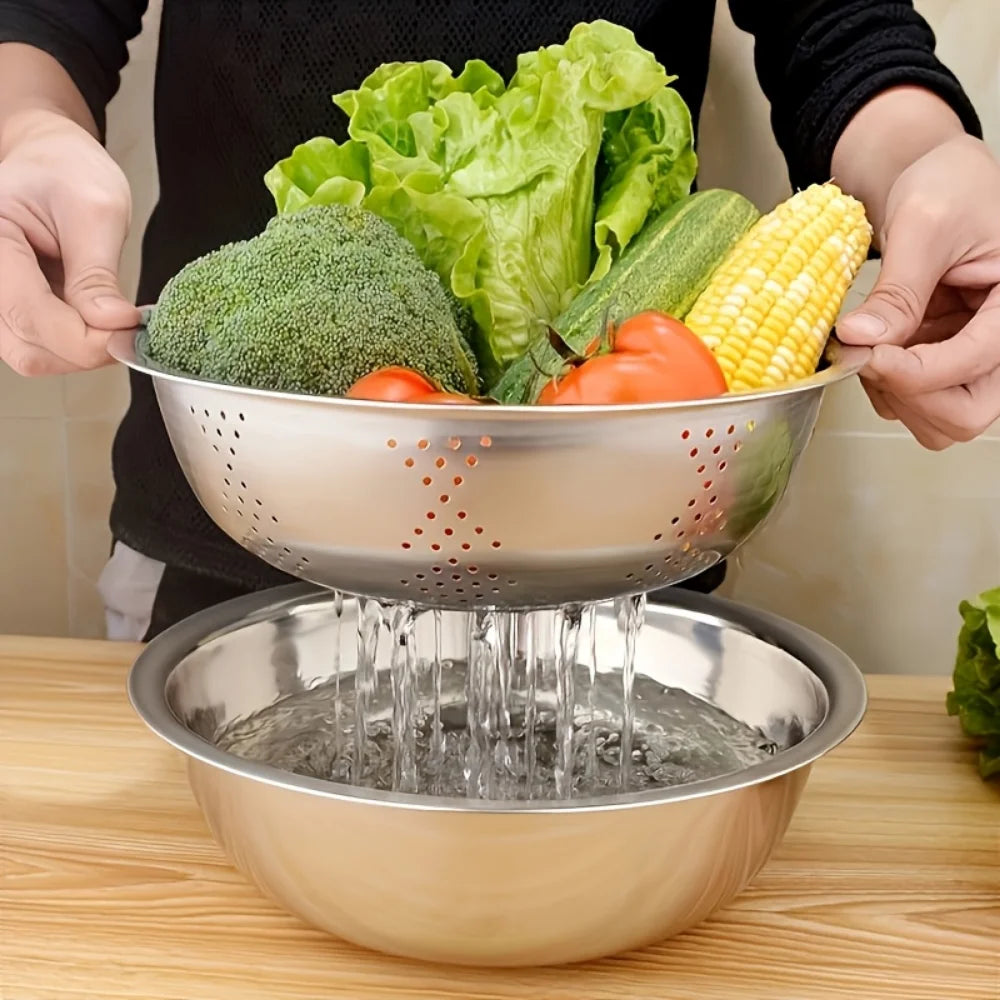 3 Piece Stainless Steel Grater & Mandoline Set with Draining Bowl – Multi-Function Slicer & Vegetable Washing Basket – Great for Potatoes, Carrots & Salads