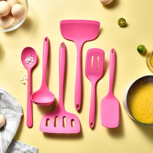 Blush Pink Silicone Kitchen Utensils Set – Heat-Resistant Spatulas, Turners, Ladle & Mixing Spoon – Safe for Non-Stick Cookware & Daily Cooking – Available as 6-Piece Set or Individual Pieces