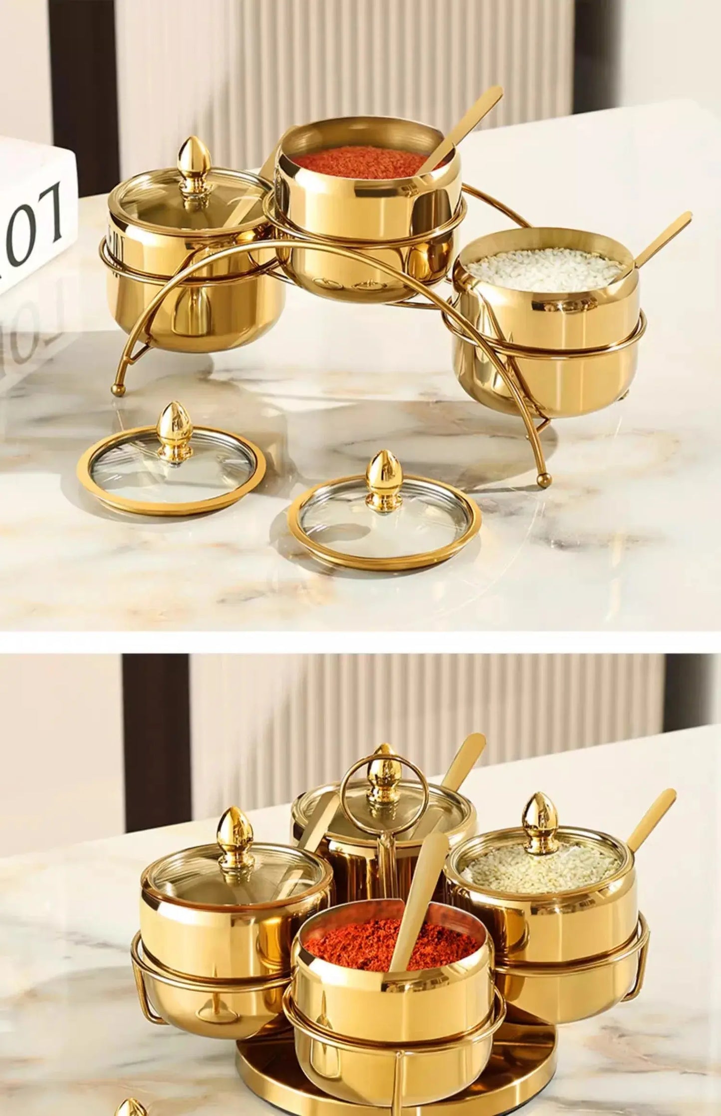 Luxury Golden 304 Stainless Steel Seasoning / Condiment Pot Set with Tempered Glass Lids, Matching Spoons & Storage Rack – Elegant Spice Containers with Food-Grade Coating – Ideal for Salt, Sugar, Spices & Condiments