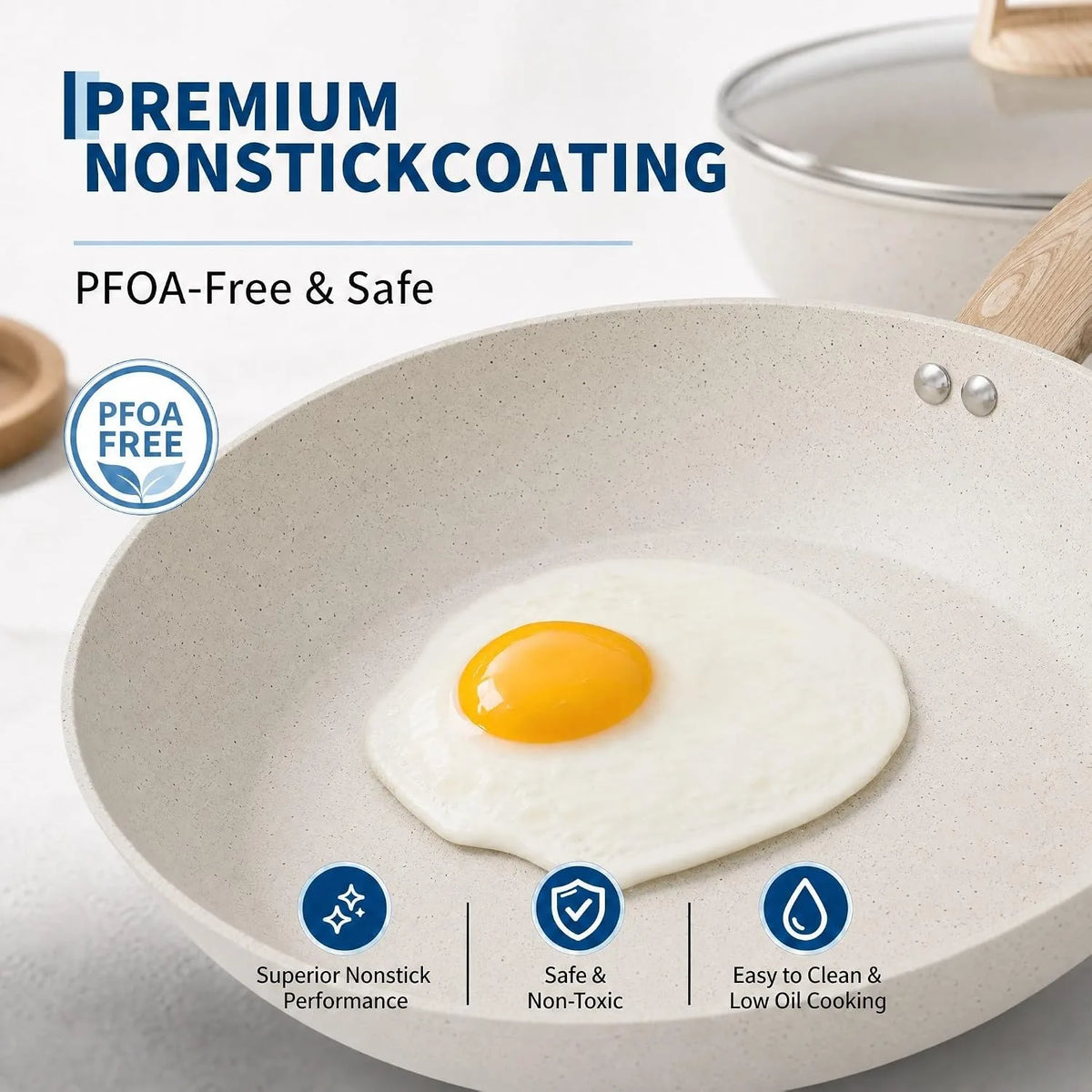 14 Piece Granite Ceramic Pots & Pans Set – PFAS-Free Non-Stick Cookware with Wood-Look Handles, Glass Lids & Pan Protectors – Best for New Homes & Couples – Available in Black & White