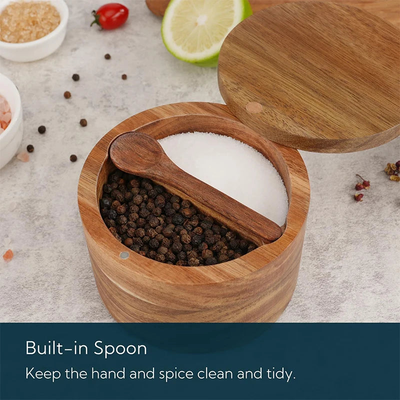 Acacia Wood Salt Box with Swivel Lid & Spoon – Salt & Pepper Cellar Seasoning Container – Great for Keeping Salt & Spices by the Hob
