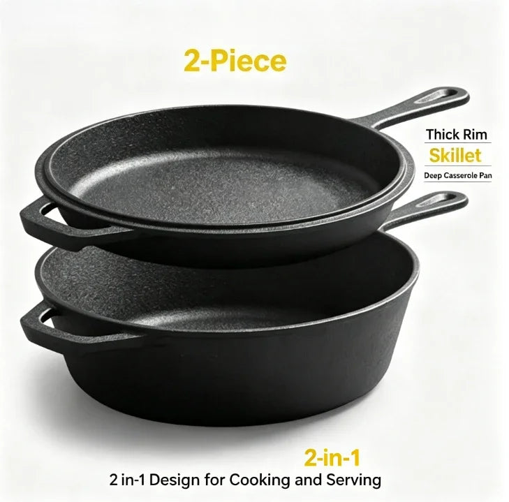Cast Iron Dutch Oven with Skillet Lid – Pre-Seasoned 2-in-1 Casserole Pot & Frying Pan – Ideal for Stews, Baking & Camping (26cm)