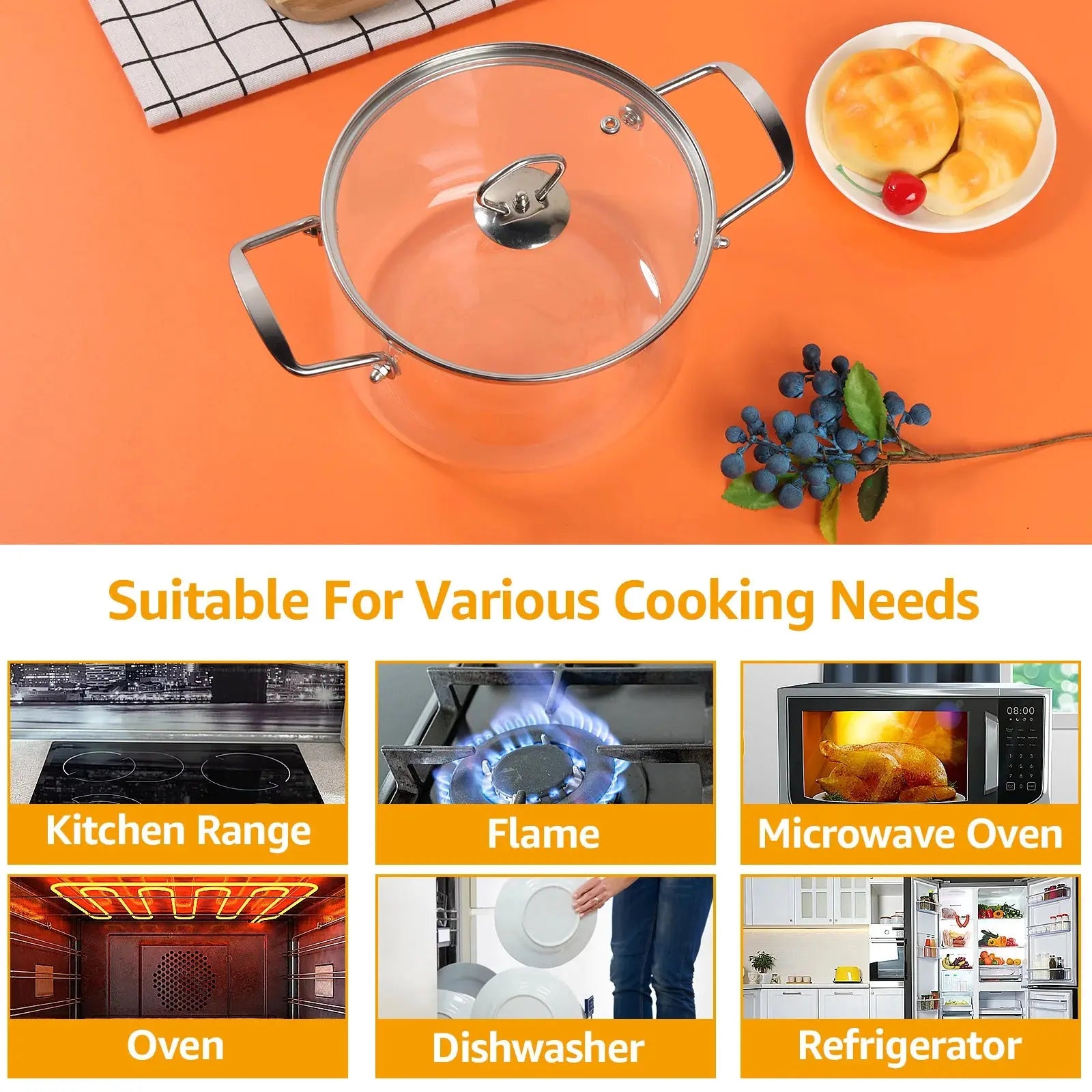 Clear Glass Cooking Pot with Lid – Heat-Resistant Borosilicate Transparent Glass Soup Stockpot with Stainless Steel Handle – Ideal for Stews, Soups, Pasta & More – Safe for Gas, Induction – Available in 2.5L & 3.5L