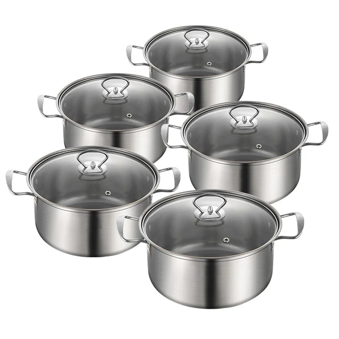 5 Piece Stainless Steel Cooking Pot Set with Sealed Glass Lids – Induction Pots 16cm to 24cm with Measuring Scale – Ideal for Everyday & Family Cooking