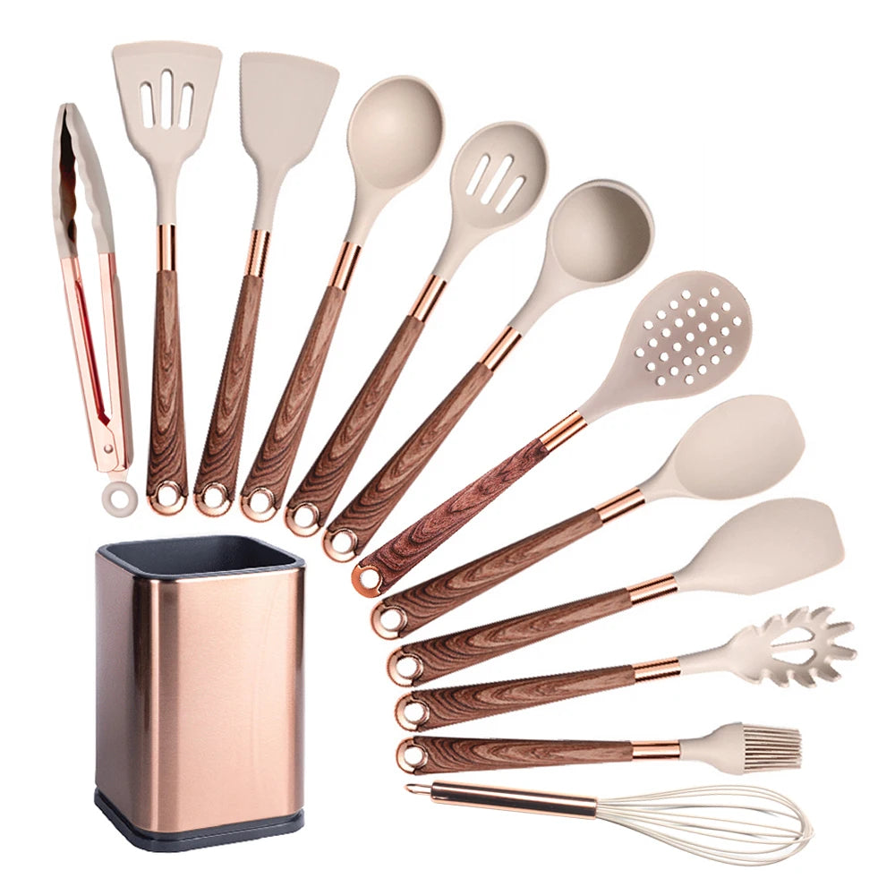 Silicone Cooking Utensils Set with Gold-Plated Handles – Non-Stick Safe, Heat Resistant | Black & Beige | Available in 5, 7, 10 & 12-Piece Sets