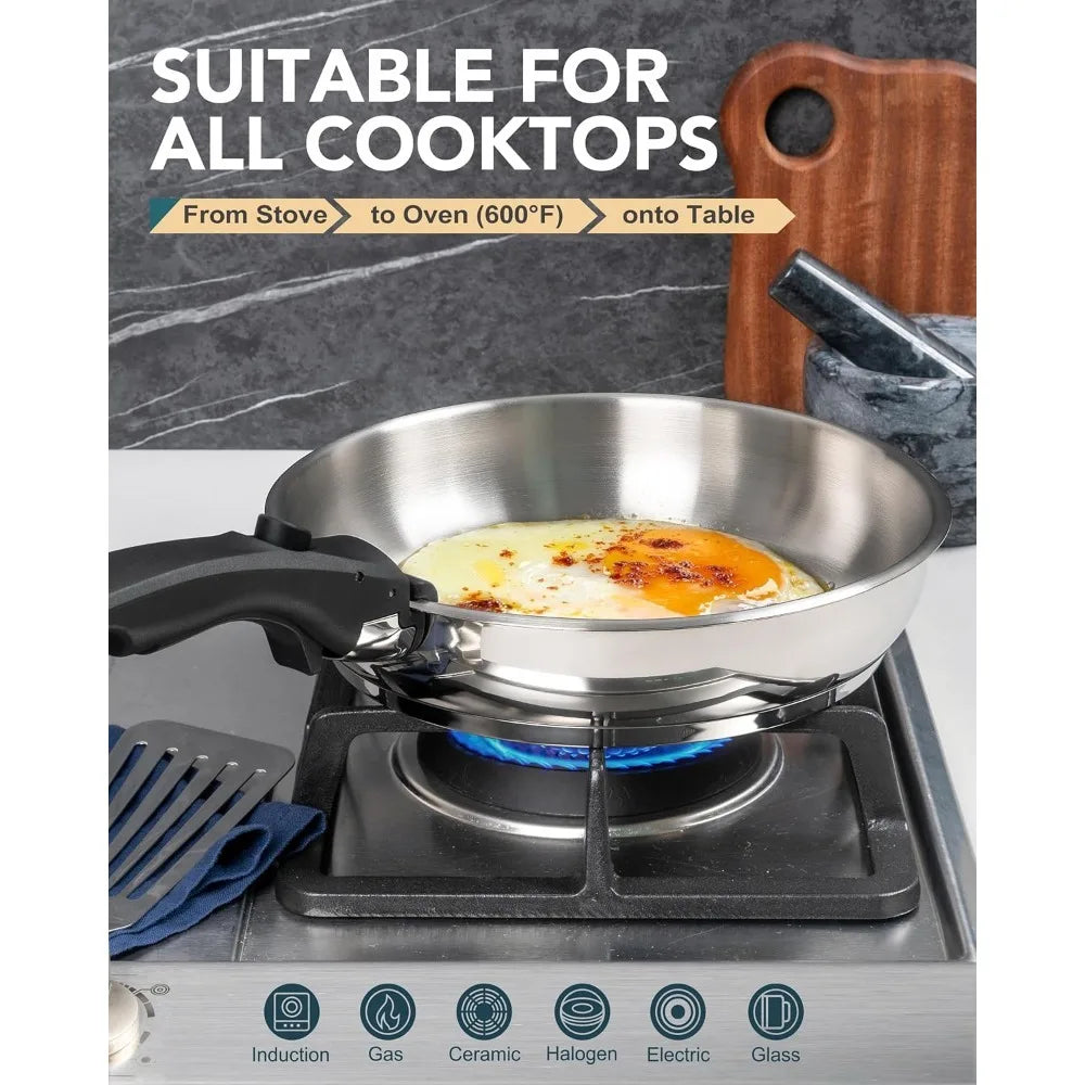 3 Piece 18/10 Stainless Steel Frying Pan Set with Removable Handle – Tri-Ply Stackable Pans 20cm, 24cm & 28cm – Best for Compact Kitchens & Family Meals