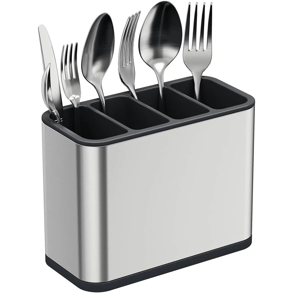 Stainless Steel Cutlery Caddy with 4 Compartments – Utensil Drying Rack & Flatware Holder – Great for Kitchen Worktops & Dining Tables
