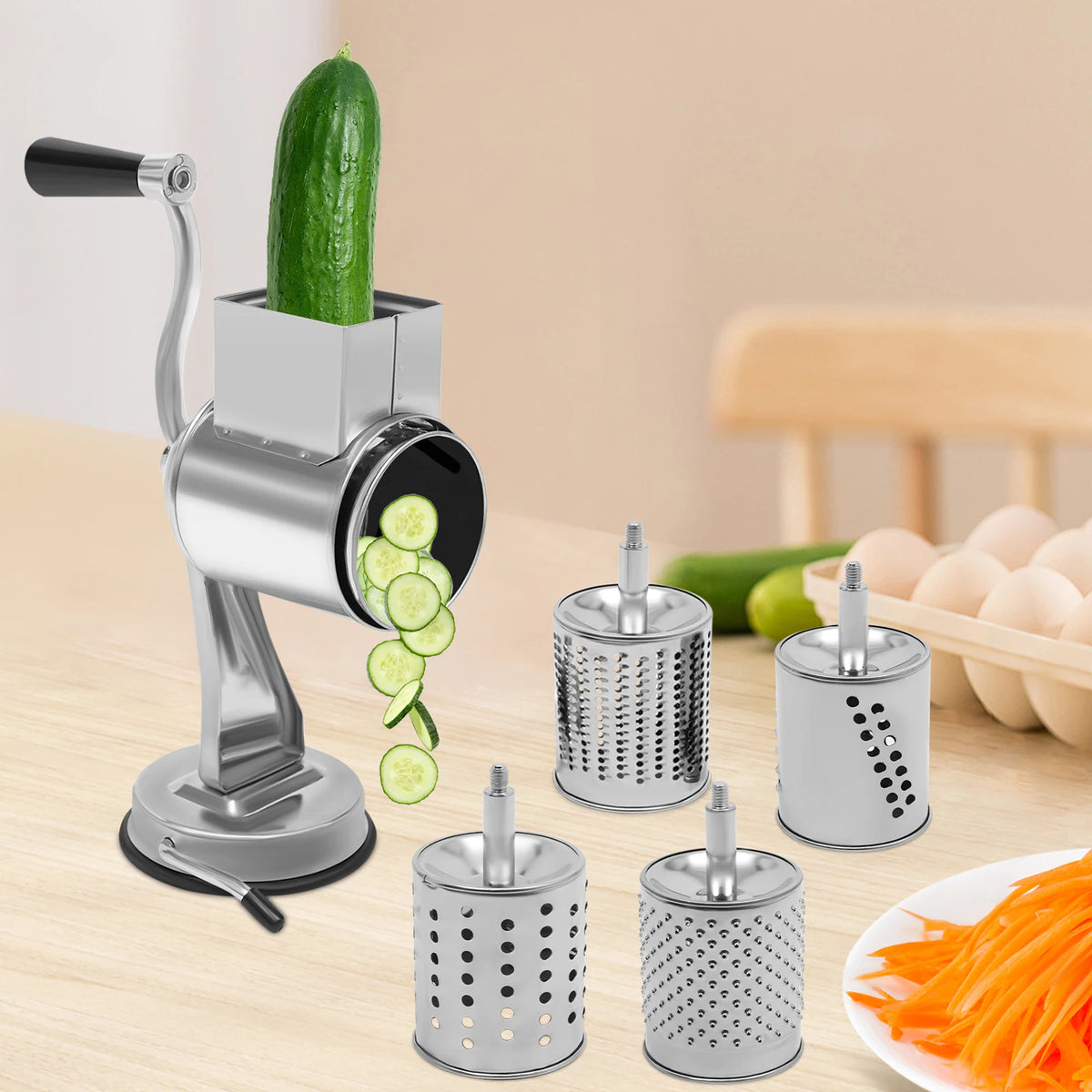 Stainless Steel Rotary Grater with 5 Drum Blades – Manual Cheese, Nut & Vegetable Shredder with Suction Base – Great for Salads & Toppings – Available in Silver, Silver & Silver Colours