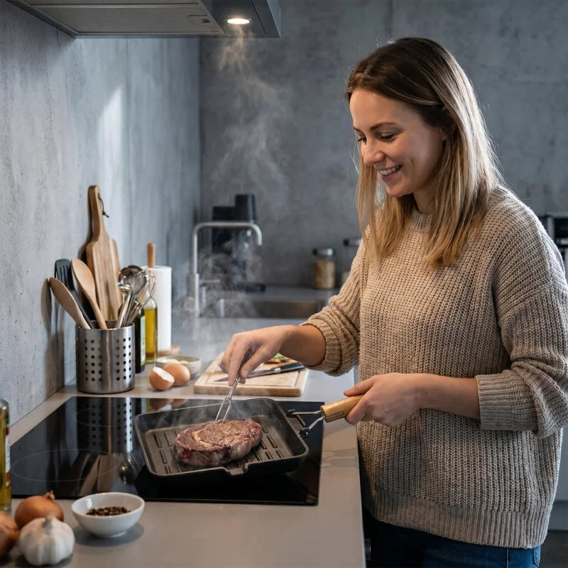 Cast Iron Grill Pan with Foldable Wooden Handle – Square, Rectangular & Round Ridged Skillets for Induction – Perfect for Steaks & Vegetables – Available in 20 x 20cm, 21 x 35cm & 24cm Round